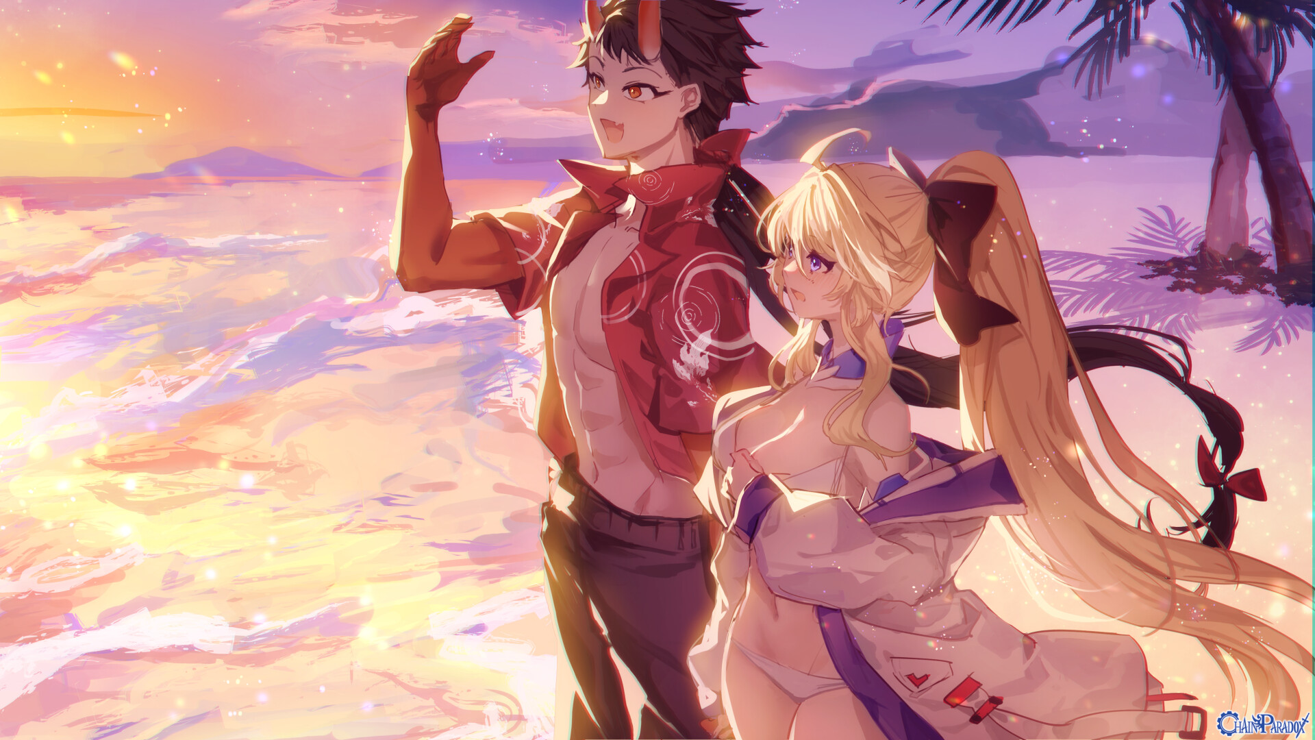 二人の夏、夕日の浜辺で